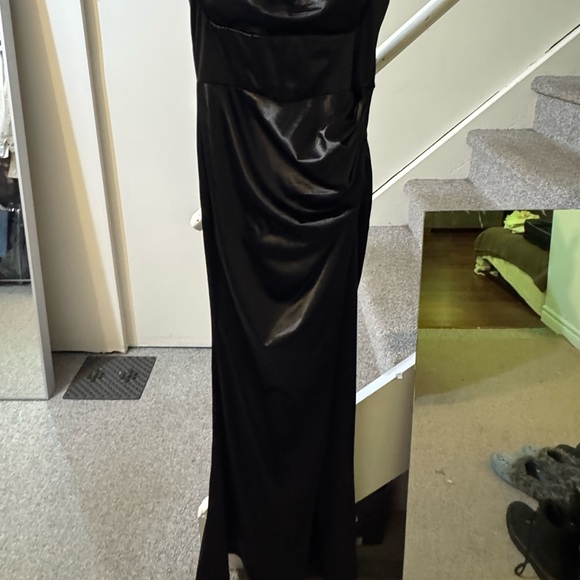 Black Maxi Slip Dress with Ruched Bodice and Slit Skirt - Picture 2 of 4